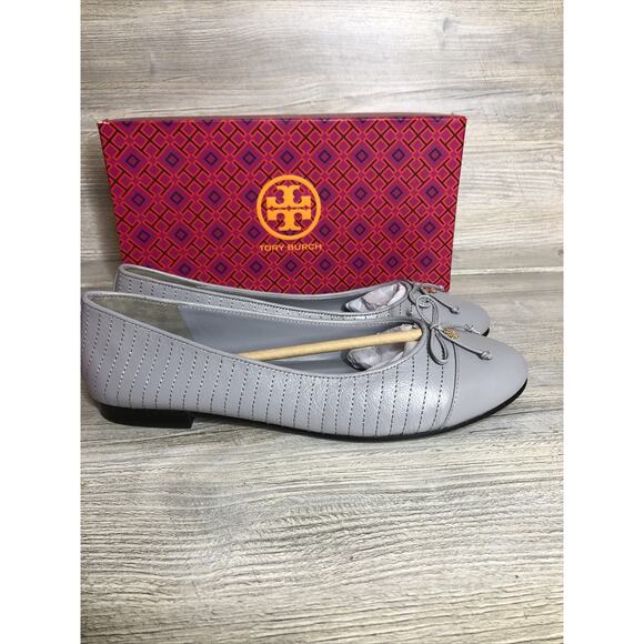 TORY BURCH Cap Toe Quilted Ballet Flat Bay Gray Leather Shoes Sz 10 BRAND NEW - Picture 2 of 10